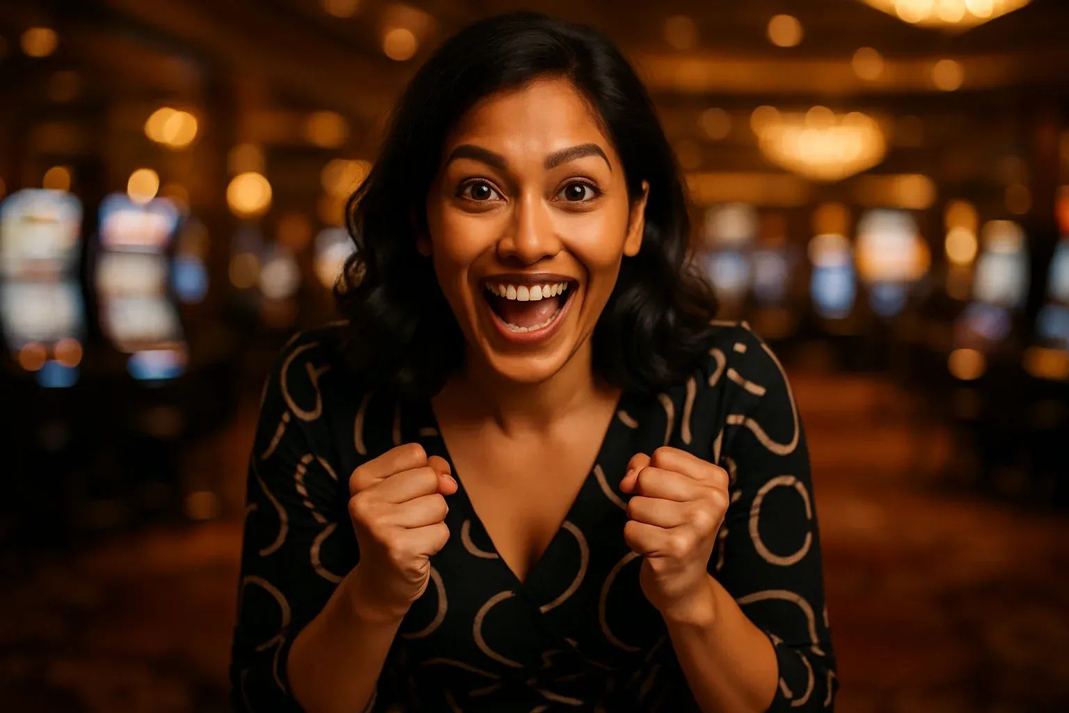 Excited Bangladeshi woman portrait with bokeh casino lights in gold tones