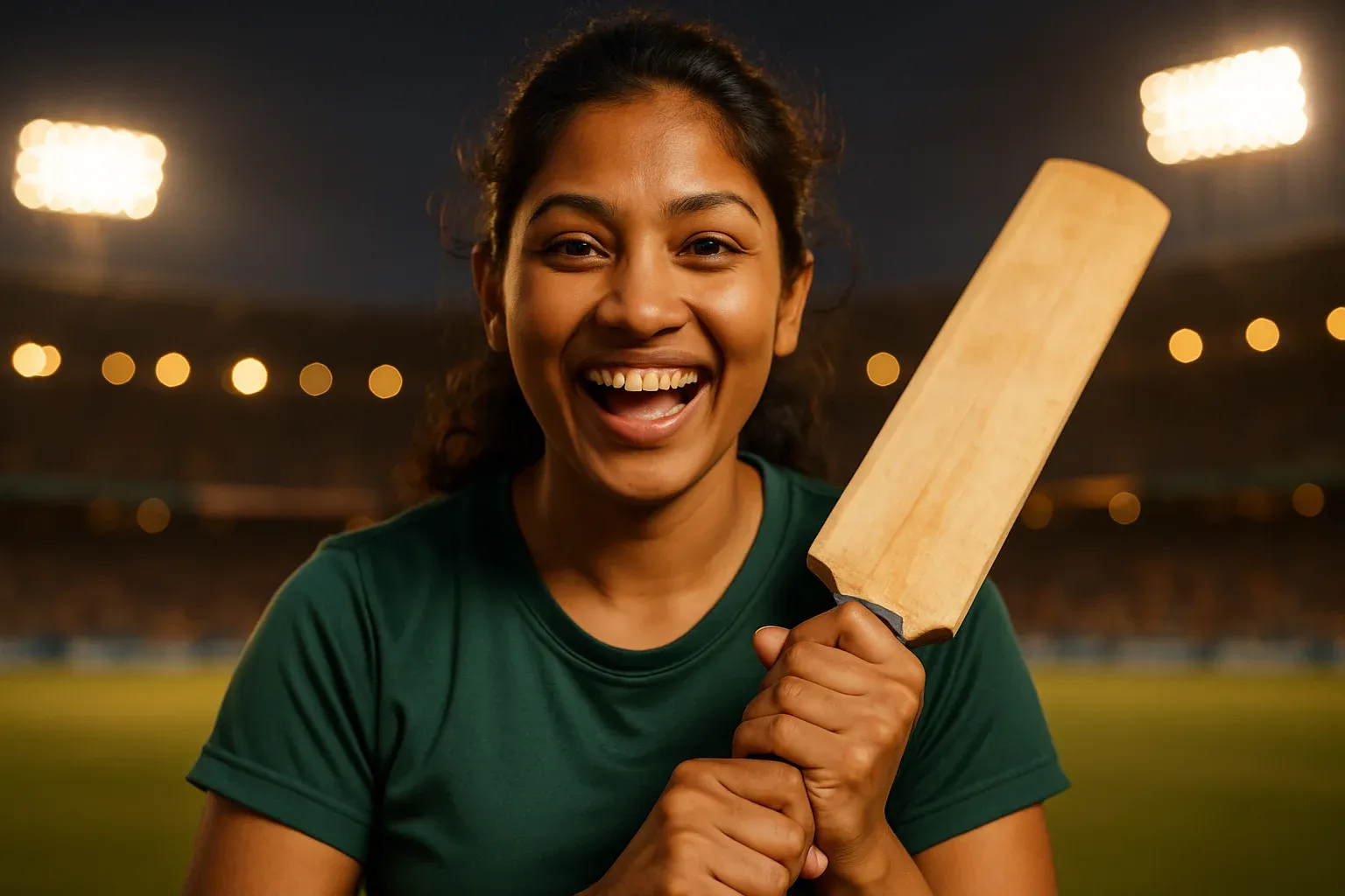 Excited Bangladeshi woman holding cricket bat in stadium background