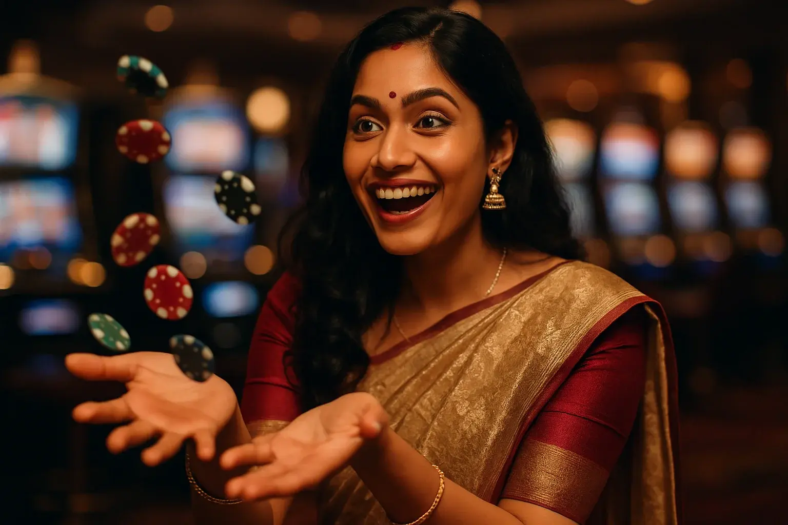 Excited Bangladeshi woman in elegant saree catching falling casino chips