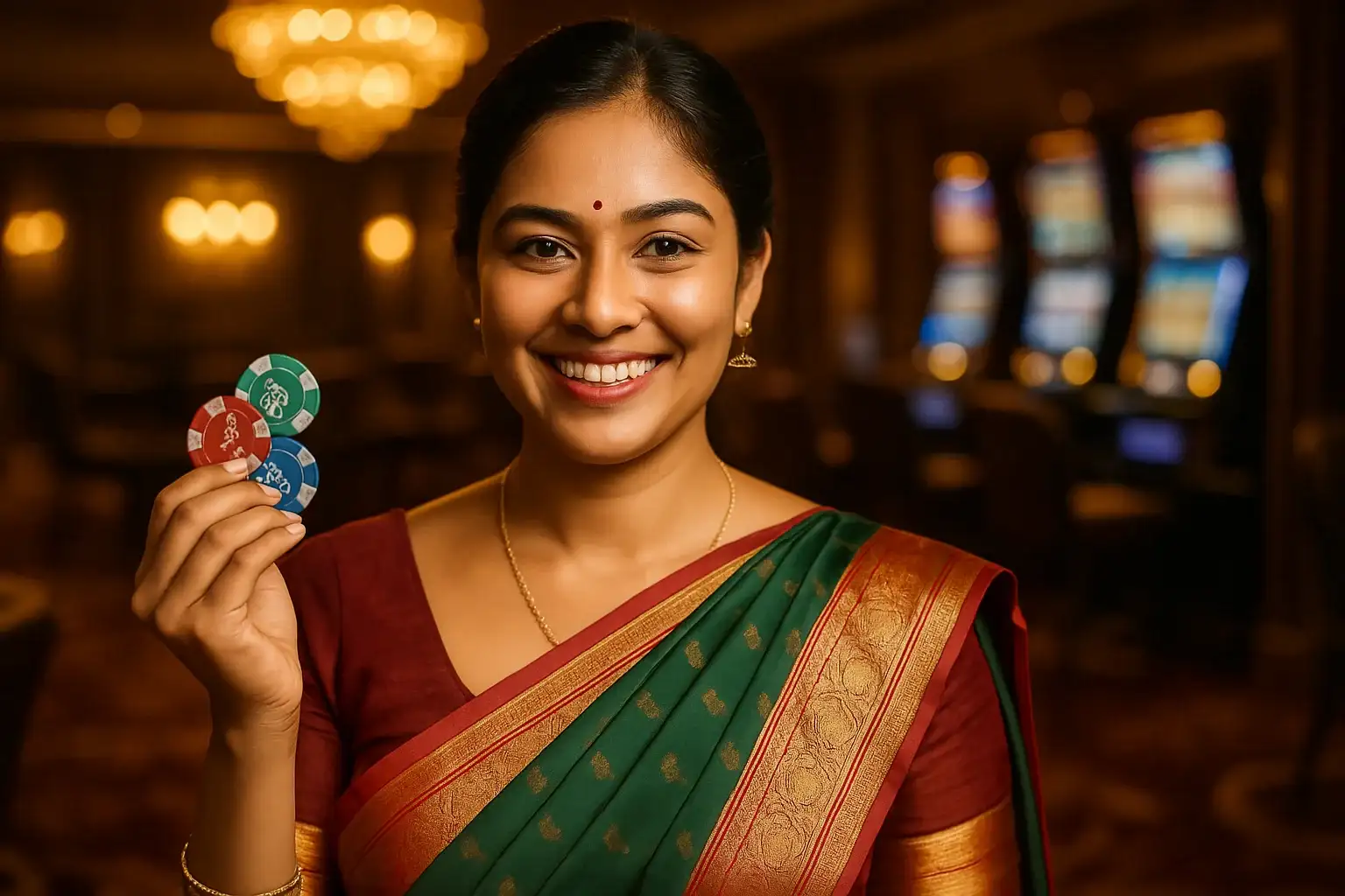 Confident Bangladeshi woman in saree holding casino chips in VIP casino