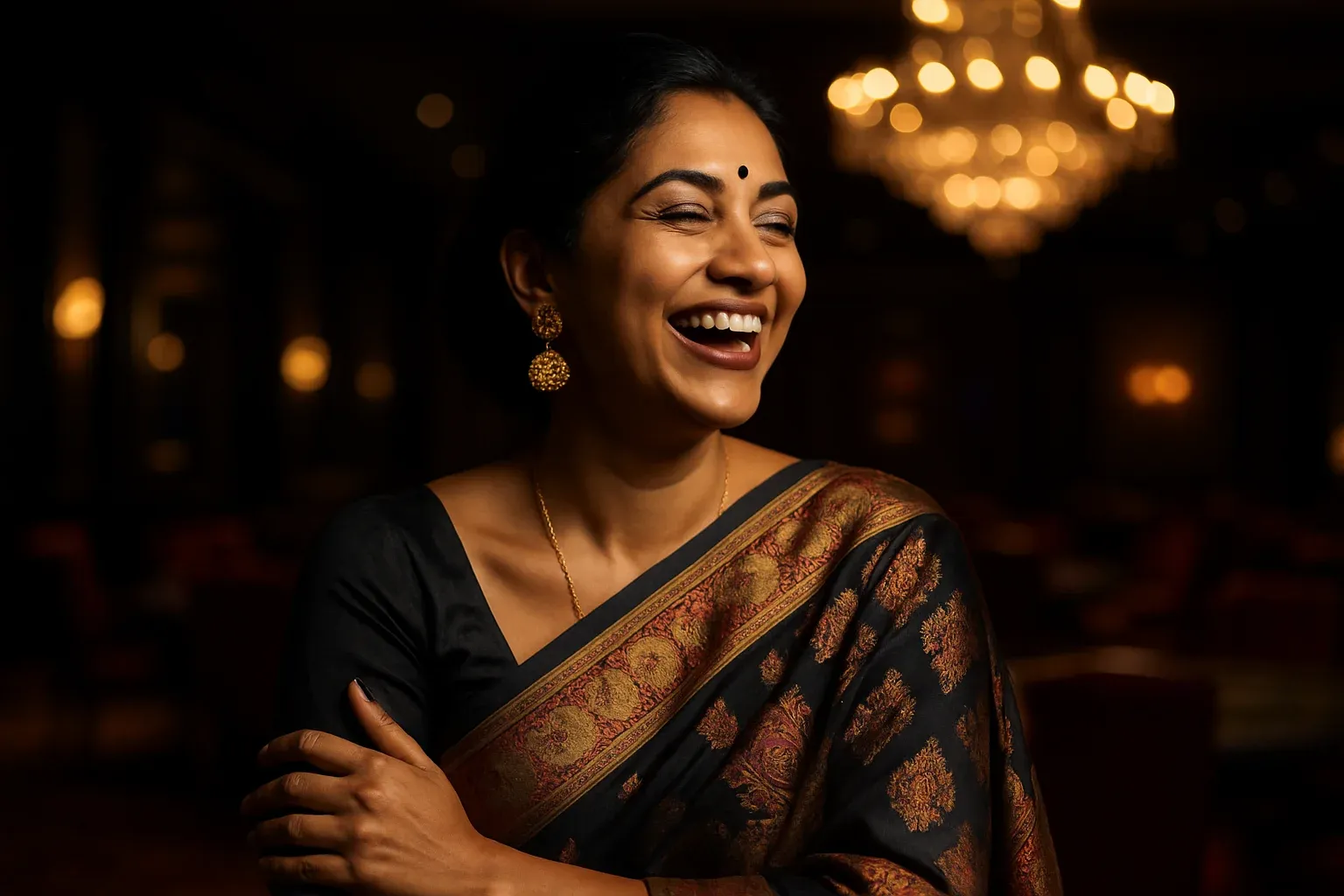 Sophisticated Bangladeshi woman in elegant saree laughing in VIP casino lounge