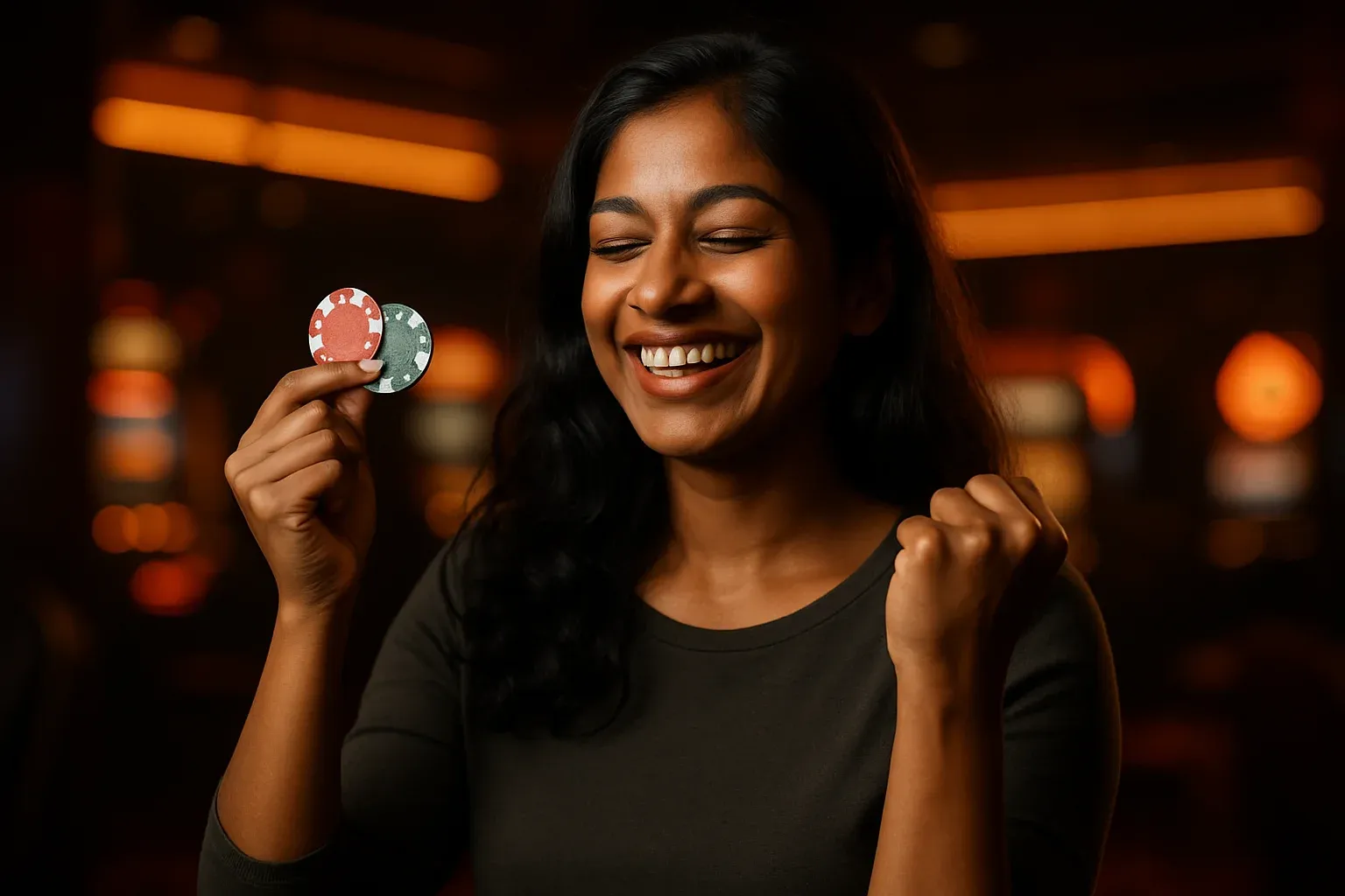 Joyful Bangladeshi woman holding casino chips in victory, blurred neon casino background